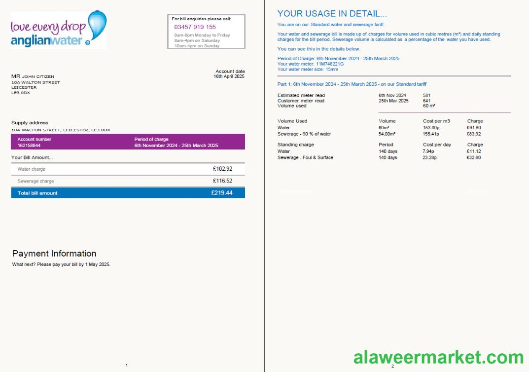 United Kingdom Anglian Water utility bill template in Word and PDF formats, 2 pages